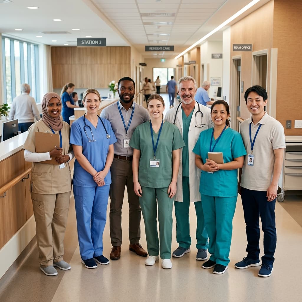 Équipe de professionnels de santé souriant dans un établissement moderne