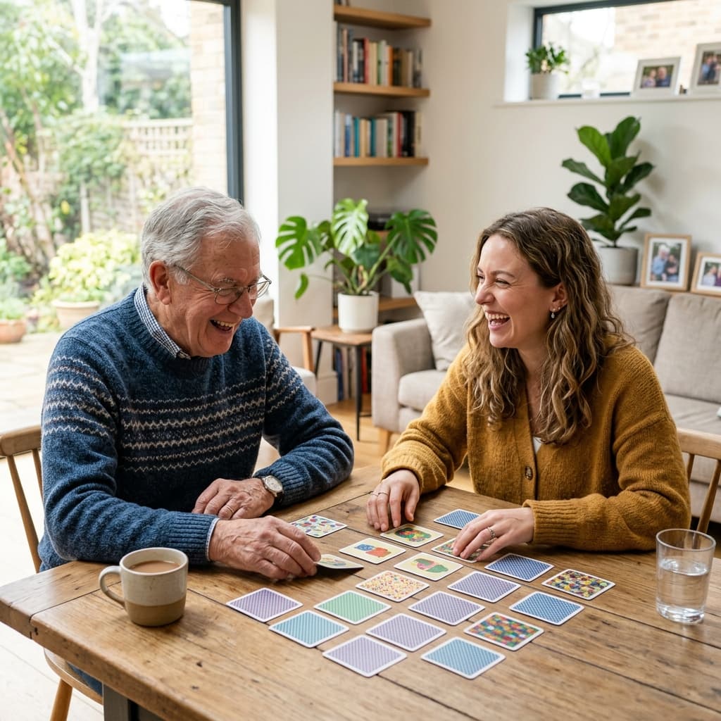 Grand-père et sa petite-fille jouant au memory ensemble