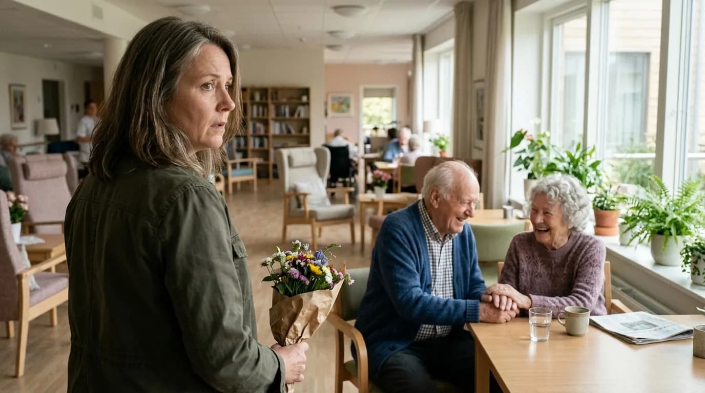 Dans le salon d'une maison de repos, une femme tenant un bouquet découvre son père âgé qui rit, main dans la main avec une autre résidente