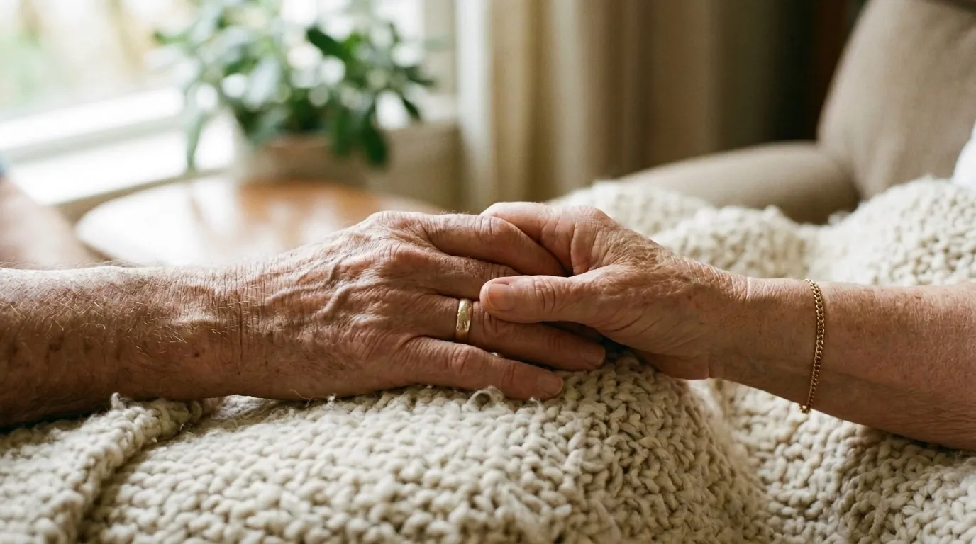 Gros plan sur les mains de deux personnes âgées posées l'une sur l'autre sur une couverture en laine